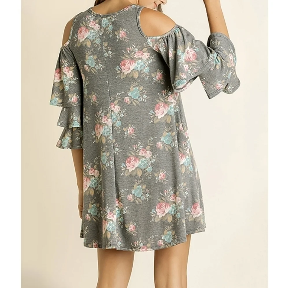 Blu Heaven Mint Green Floral Ruffle Cold-Shoulder Dress - Picture 2 of 14